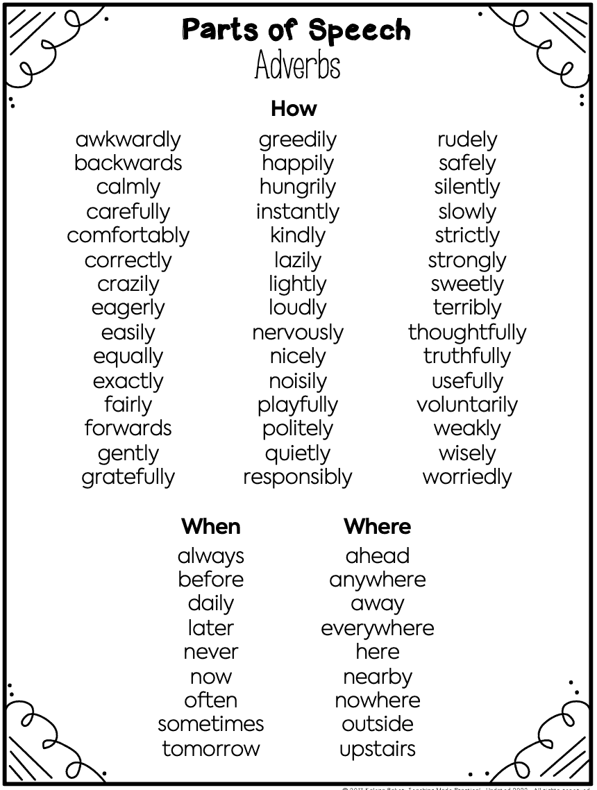 Adverbs Word List from Parts of Speech Resource